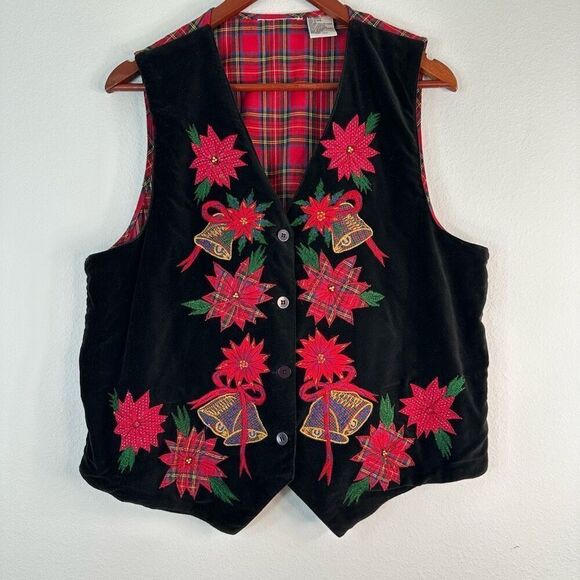 Vintage Black Velvet Poinsettia Floral Embroidered Vest Christmas Holiday Womens - Picture 1 of 8